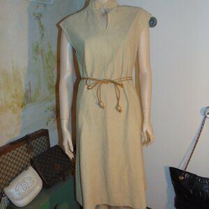 Bleeker Street 70s Vtg Dress Medium W/Tie Belt Beige High Neck Office Casual MCM